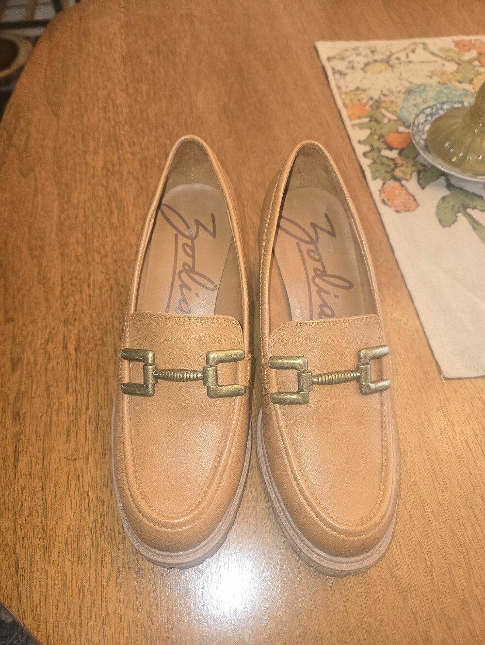 Zodiac Tan Leather Slip-On Loafers with Gold Buckle Accent